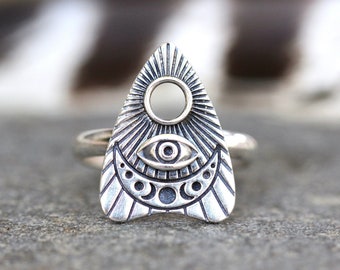 Planchette Ring Sterling Silver Witch Ring Celestial Ring Evil Eye Ring Witch Jewelry Silver Witch Ring All Seeing Eye Ring Moon Phase Ring