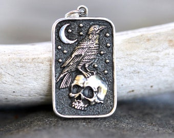 Raven Charm Sterling Silver Raven Pendant Skull Necklace Witch Necklace Witch Jewelry Halloween Pendant Silver Crow Pendant Raven and Skull