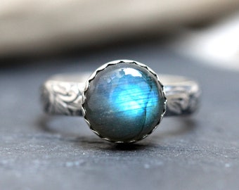 Labradorite Ring Sterling Silver Labradorite Stacking Ring Floral Ring Band Labradorite Jewelry Blue Stone Ring Blue Gemstone Ring