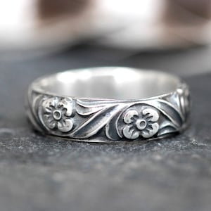 Sterling Silver Stacking Ring Silver Thumb Ring Flower Pattern Ring Thick Ring Band Thick Silver Ring Silver Floral Band Floral Pattern Band