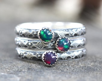 Black Opal Ring Sterling Silver Opal Stacking Ring One Ring Art Nouveau Ring Floral Ring Band Dainty Silver Ring Ethiopian Opal Jewelry