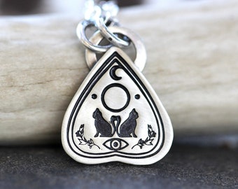 Silver Cat Ouija Necklace Planchette Necklace Evil Eye Necklace Moon Necklace Witch Jewelry Celestial Jewelry Mystic Necklace Cat Lover