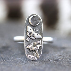 Sterling Silver Luna Moth Ring Moon Ring Morning Glory Ring Moonflower Ring Moon Moth Ring Witch Ring Witch Jewelry Celestial Ring Mystic