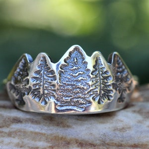 Sterling Silver Tree Ring Mountain Ring Forest Ring Nature Lover Jewelry Pine Tree Ring Wilderness Jewelry Hiking Ring Silver Crown Ring