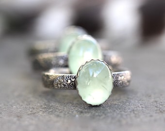 Prehnite Ring Sterling Silver Prehnite Ring Silver Stacking Ring Green Stone Ring