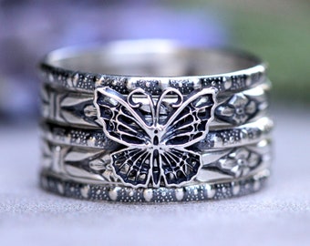 Butterfly Stacking Ring Set - Sterling Silver Stacking Rings- Insect Jewelry