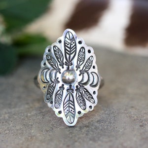 Silver Feather Ring Witch Ring Moon Phase Ring Sterling Silver Leaf Ring Silver Shield Ring Phase of the Moon Ring