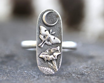 Sterling Silver Luna Moth Ring Moon Ring Morning Glory Ring Moonflower Ring Moon Moth Ring Witch Ring Witch Jewelry Celestial Ring Mystic