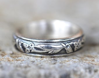 Silver Stacking Ring Sterling Silver Ring Band Vintage Style Ring Silver Art Nouveau Ring Art Deco Ring Floral Ring Silver Flower Ring Band