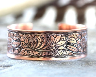 Copper Cuff Bracelet Solid Copper Bracelet Floral Bracelet Pure