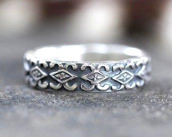 Sterling Silver Stacking Ring Silver Thumb Ring Diamond Pattern Ring Thick Ring Band Thick Silver Ring Silver Flower Band Stackable Rings