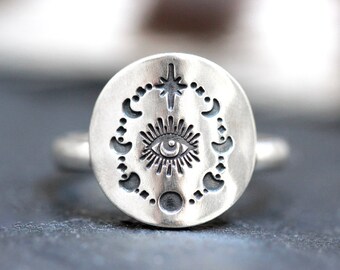Sterling Silver Evil Eye Ring - Celestial Eye Ring - Whimsigoth Moon Phase Jewelry