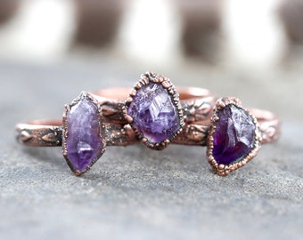 Raw Amethyst Ring Raw Crystal Ring Flower Ring Copper Ring February Birthstone Ring Birthstone Jewelry Raw Crystals and Stones Crystal Rings