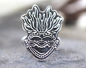 Sacred Heart Ring Sterling Silver Sacred Heart of Jesus Milagro Ring Flaming Heart Sacred Burning Heart Catholic Jewelry Sagrado Corazon