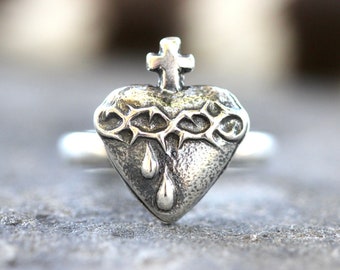 Sacred Heart Ring Sterling Silver Sacred Heart of Jesus Catholic Jewelry Sacred Burning Heart Milagro Heart Thorn Heart Sacre Couer