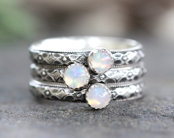 Opal Ring Sterling Silver Opal Stacking Ring One Ring Art Nouveau Ring Floral Ring Band Dainty Silver Ring Ethiopian Opal Jewelry Opal Rings