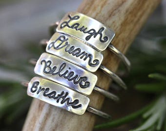 Silver Word Rings, Breathe Ring, Word Rings, Just Breathe, Inspirational Jewelry, Silver Stacking Rings, Inspirational Womens Gift