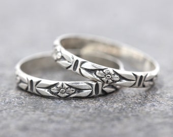 Sterling Silver Stacking Ring Thin Silver Ring Art Nouveau Flower Ring Band Silver Flower Ring Dainty Silver Ring Silver Stacking Ring