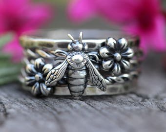 Silver Stacking Ring Set Sterling Silver Stacking Rings Stackable Rings Sterling Silver Rings Bee Ring Bee Jewelry Sterling Flower Ring