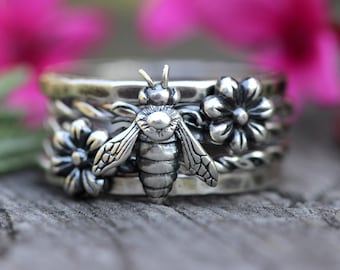 Silver Stacking Ring Set Sterling Silver Stacking Rings Stackable Rings Sterling Silver Rings Bee Ring Bee Jewelry Sterling Flower Ring