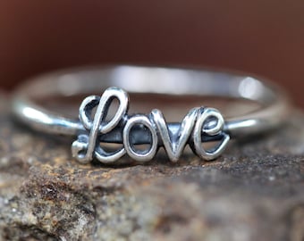 Silver Love Ring, Love Jewelry,  Sterling Silver Stacking Rings, Silver Stacking Ring, Cursive Love Ring, Promise Ring, Love Ring Silver