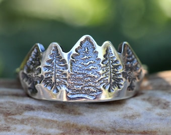 Sterling Silver Tree Ring Mountain Ring Forest Ring Nature Lover Jewelry Pine Tree Ring Wilderness Jewelry Hiking Ring Silver Crown Ring