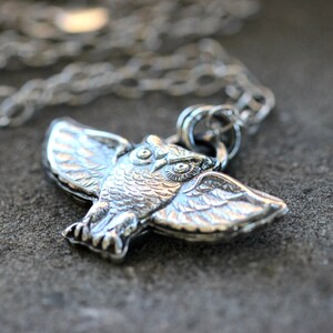 May include: Silver owl pendant necklace with a detailed design. The owl is depicted with its wings spread, and its eyes are large and round. The necklace is made of a silver chain.