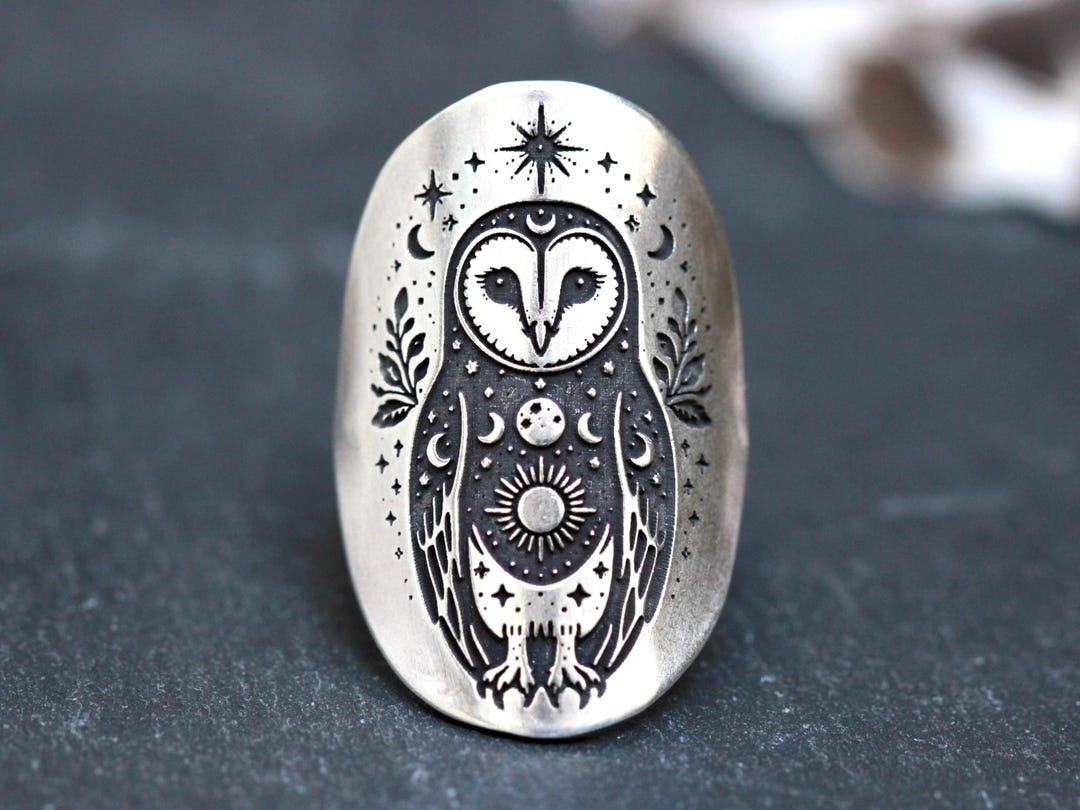 Celestial Barn Owl Ring - Sterling Silver Witchy Owl Jewelry – Dark ...