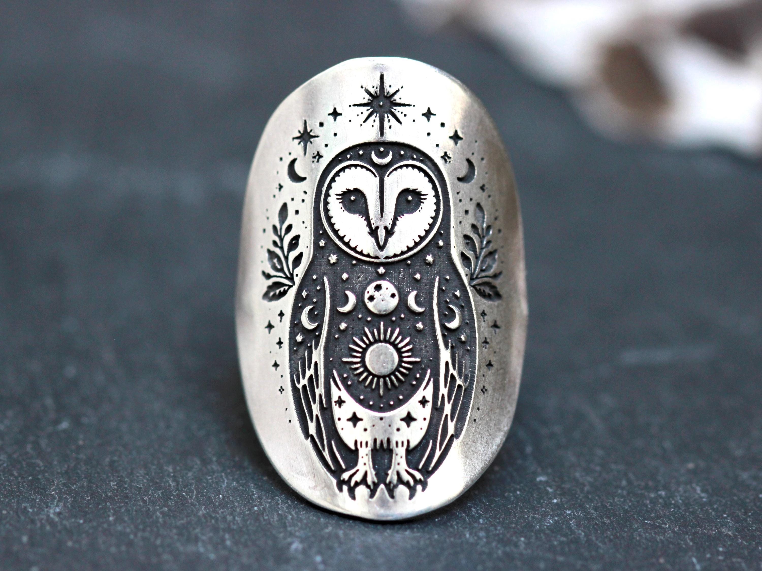 Celestial Barn Owl Ring - Sterling Silver Witchy Owl Jewelry &ndash; Dark Academia Ring &ndash; Stat
