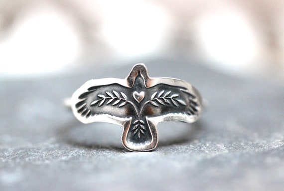 Raven Ring Crow Ring Hawk Ring Sterling Silver Heart and Fern Eagle Ring Bird Ring Folk Raven Ring Crow Jewelry