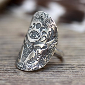 Sterling Silver Deer Ring Shield Ring Evil Eye Ring Deer Skull Ring Silver Moon Phase Ring Celestial Ring Silver Antlers Ring Witch Ring image 3