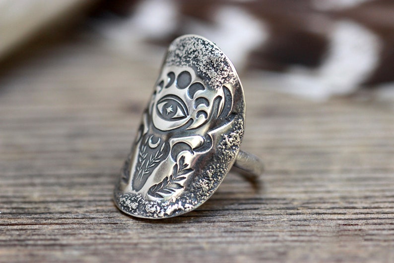 Sterling Silver Deer Ring Shield Ring Evil Eye Ring Deer Skull Ring Silver Moon Phase Ring Celestial Ring Silver Antlers Ring Witch Ring image 3