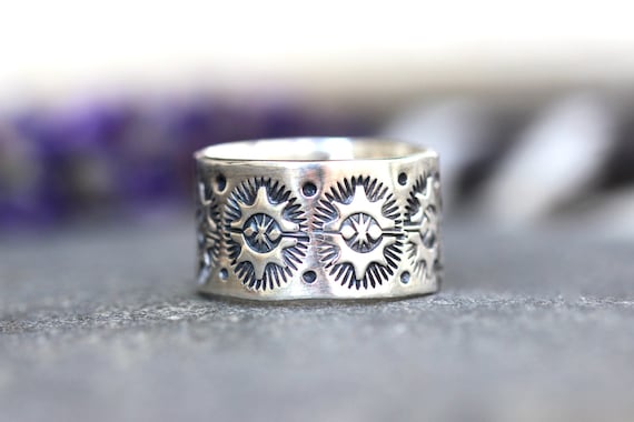 Sterling Silver Thumb Ring Stamped Silver Ring Silver Pattern Ring Stamped Ring Wide Silver Ring Band
