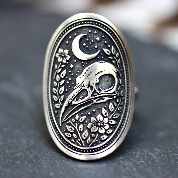 Bague tête de mort corbeau - bague tête de mort oiseau céleste - bague tête de mort corbeau en argent sterling - bague nature gothique - bijoux de sorcière