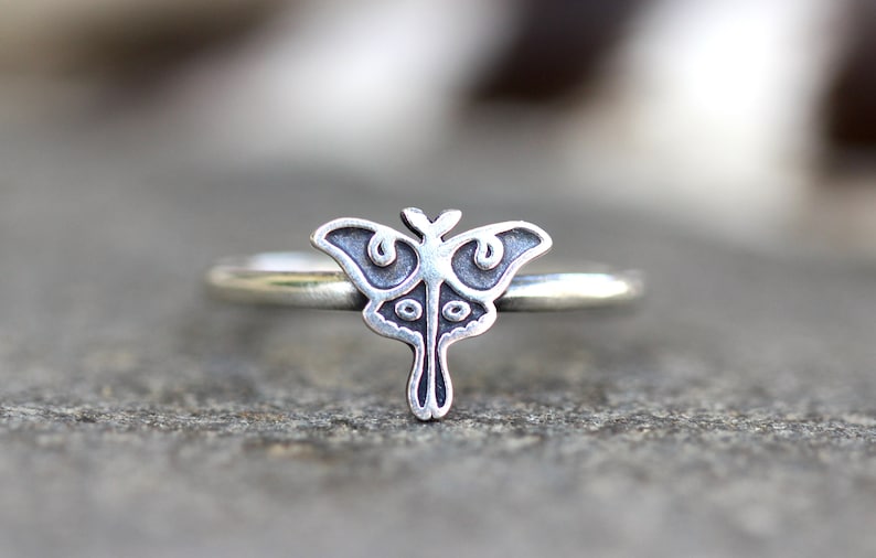 May include: A silver ring with a detailed moth design. The moth is centered on the ring and has a delicate, intricate design.