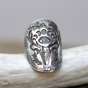 Sterling Silver Deer Ring Shield Ring Evil Eye Ring Deer Skull Ring Silver Moon Phase Ring Celestial Ring Silver Antlers Ring Witch Ring image 5