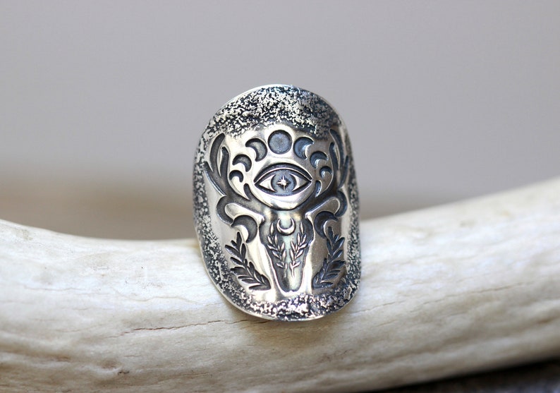 Sterling Silver Deer Ring Shield Ring Evil Eye Ring Deer Skull Ring Silver Moon Phase Ring Celestial Ring Silver Antlers Ring Witch Ring image 5