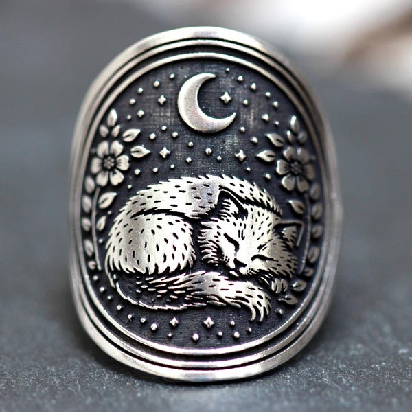Anillo Gato Durmiente - Anillo de Plata de Ley con Montura Celestial de Gato - Joyería de Gato Lunar - Regalo para Amantes de los Gatos - Anillo Conmemorativo de Gato