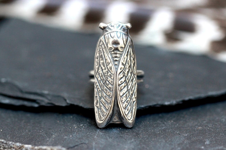 May include: A silver cicada ring with a detailed textured design. The ring is on a gray background.