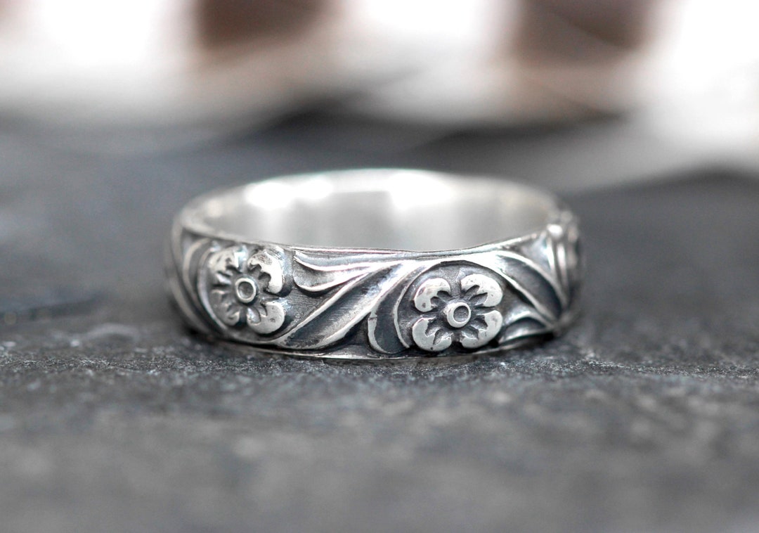 Ring Flower Pattern Sterling Silver Stacking Ring Silver Thumb Ring Flower Pattern Ring ...