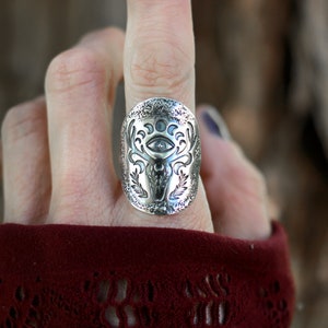 Sterling Silver Deer Ring Shield Ring Evil Eye Ring Deer Skull Ring Silver Moon Phase Ring Celestial Ring Silver Antlers Ring Witch Ring image 10