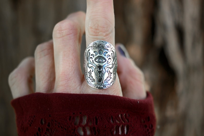 Sterling Silver Deer Ring Shield Ring Evil Eye Ring Deer Skull Ring Silver Moon Phase Ring Celestial Ring Silver Antlers Ring Witch Ring image 10