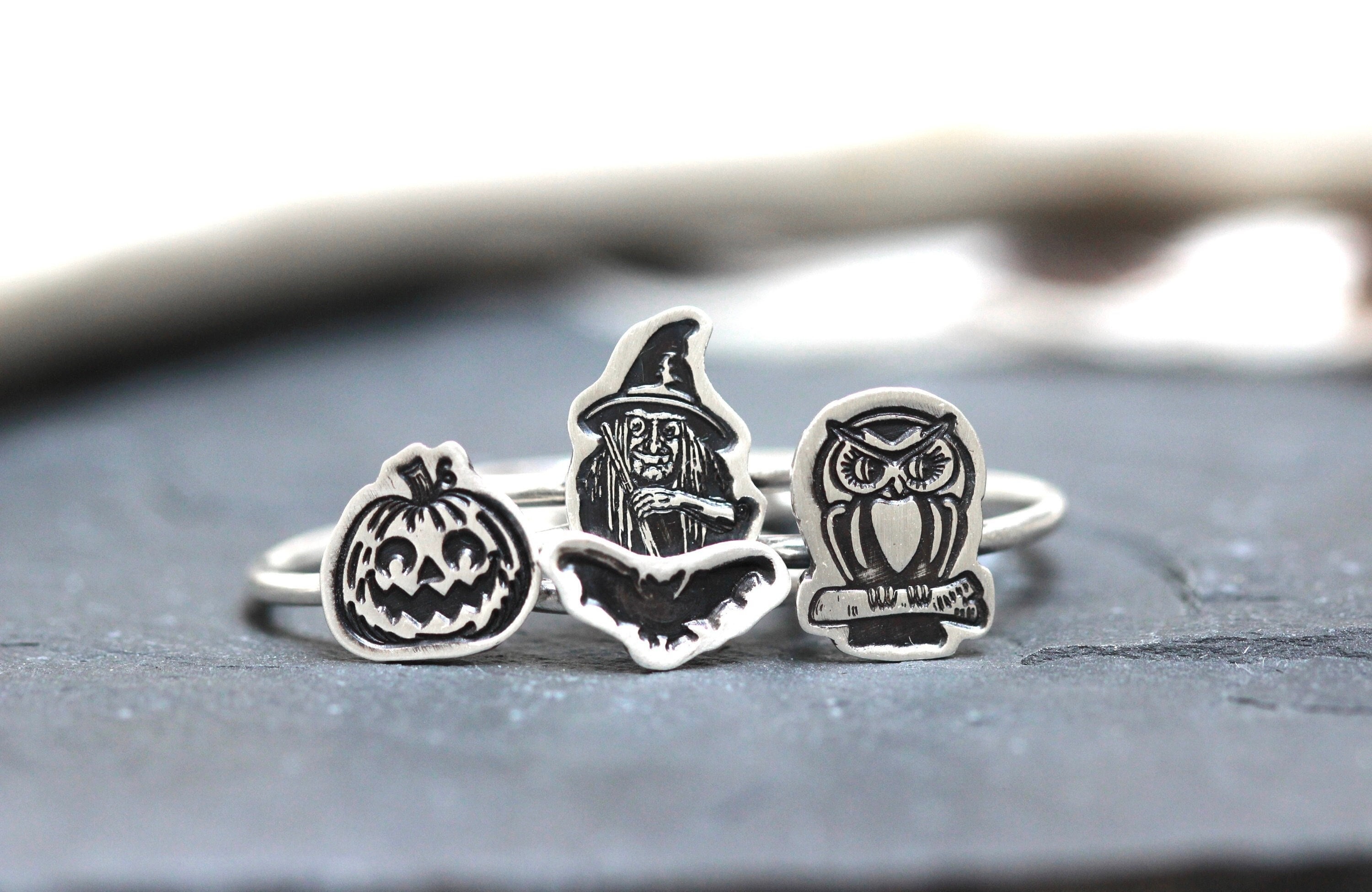 Halloween Ring Sterling Silver Halloween Jewelry Skull Ring Coffin Ring Bat Ring Pumpkin Ring Witch Ring Witch Jewelry Stacking Rings