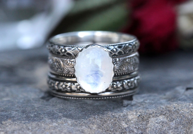 Anillo de piedra lunar arco iris, conjunto de anillos de piedra lunar, anillo de piedra lunar de plata de ley imagen 1