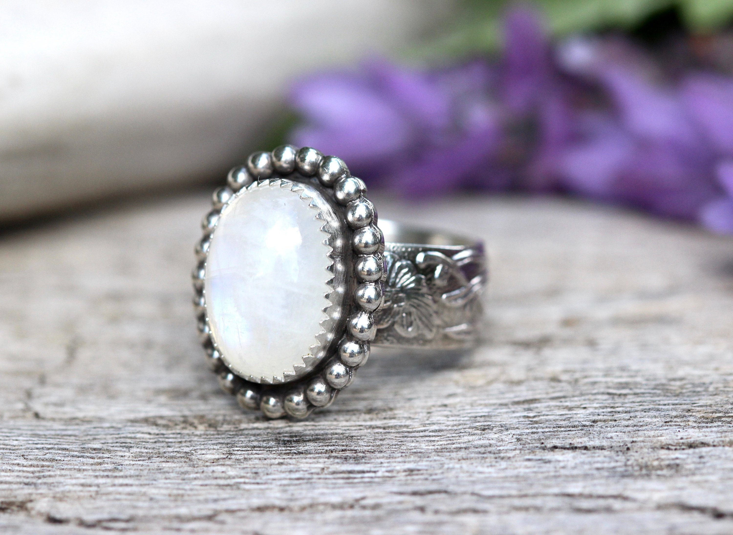 •RAINBOW MOONSTONE - LARGE SOFT TRIANGLE• silver ring (size 9)