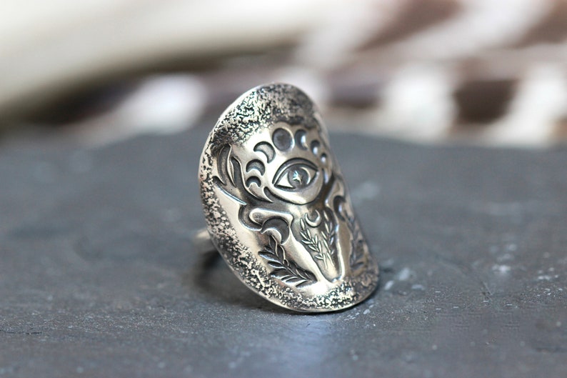 Sterling Silver Deer Ring Shield Ring Evil Eye Ring Deer Skull Ring Silver Moon Phase Ring Celestial Ring Silver Antlers Ring Witch Ring image 2
