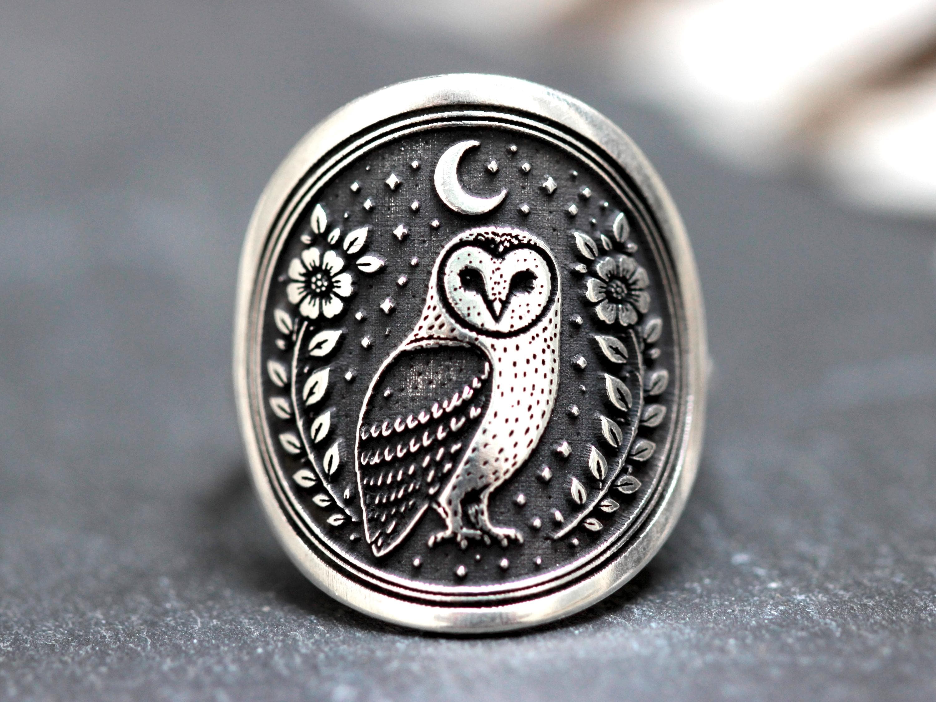 Celestial Barn Owl Ring - Sterling Silver Witchy Owl Jewelry &ndash; Moon Owl Ring &ndash; Statement