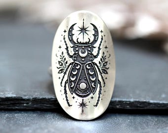 Ring i sterlingsilver med skalbagge - Celestial Stag Beetle-sadelring - Dark Academia Jewelry - Häxig insektsring