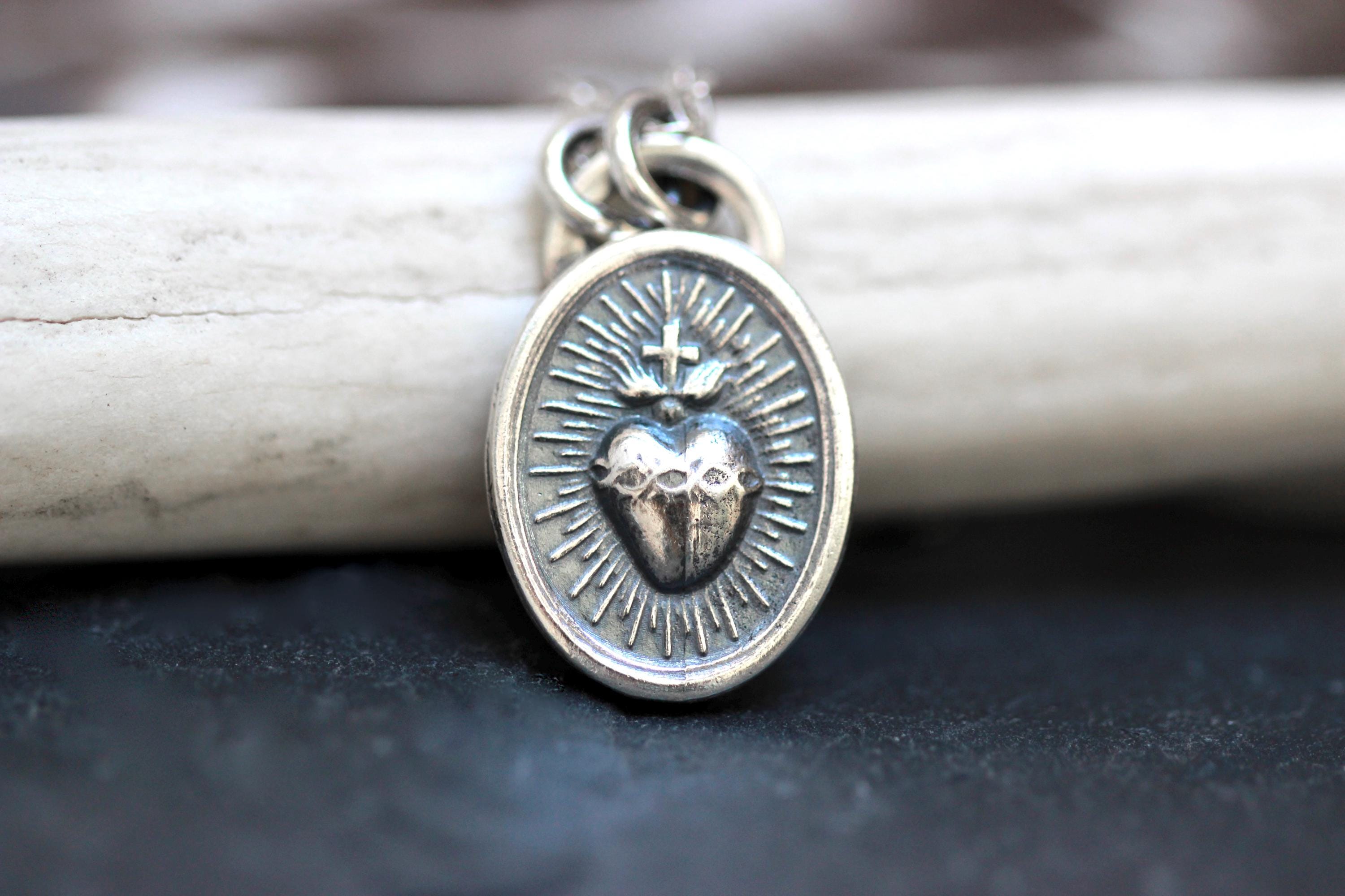 Sacred Heart Necklace Sterling Silver Sacred Heart of Jesus Catholic ...