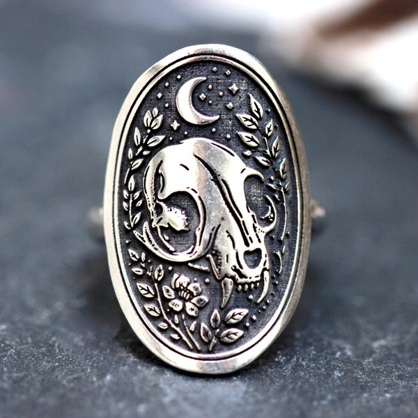 Anillo de calavera de gato de plata de ley - Anillo de silla de montar de calavera celestial - Anillo de estilo Dark Academia - Anillo de gato brujo